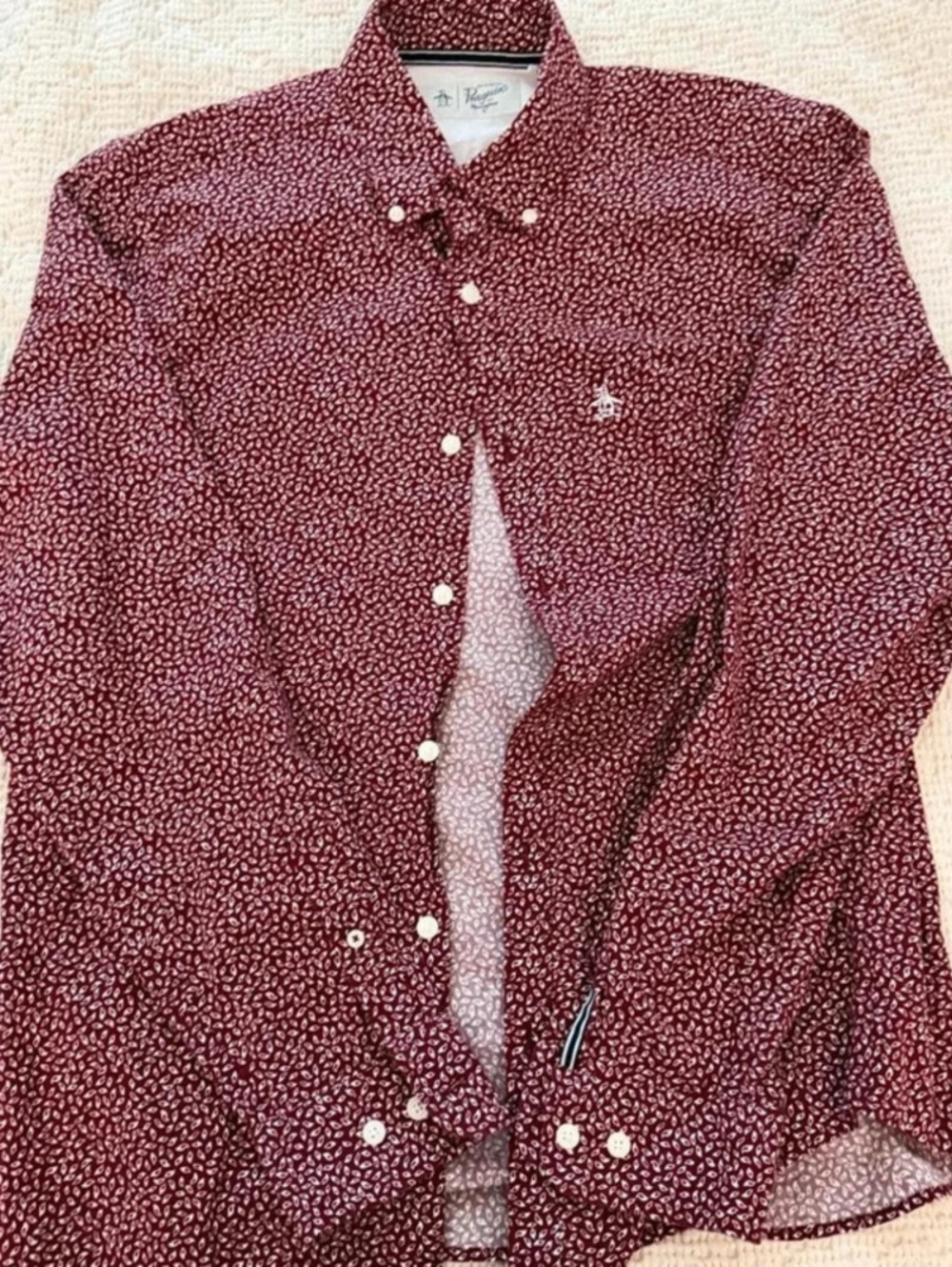 Original Penguin Men's Long Sleeve Button-Up Shirt Burgundy Leaf Print Size M